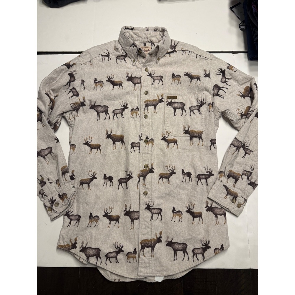 Woolrich Mens Flannel Shirt Medium Elk Moose Wildlife Print Cotton Made in USA